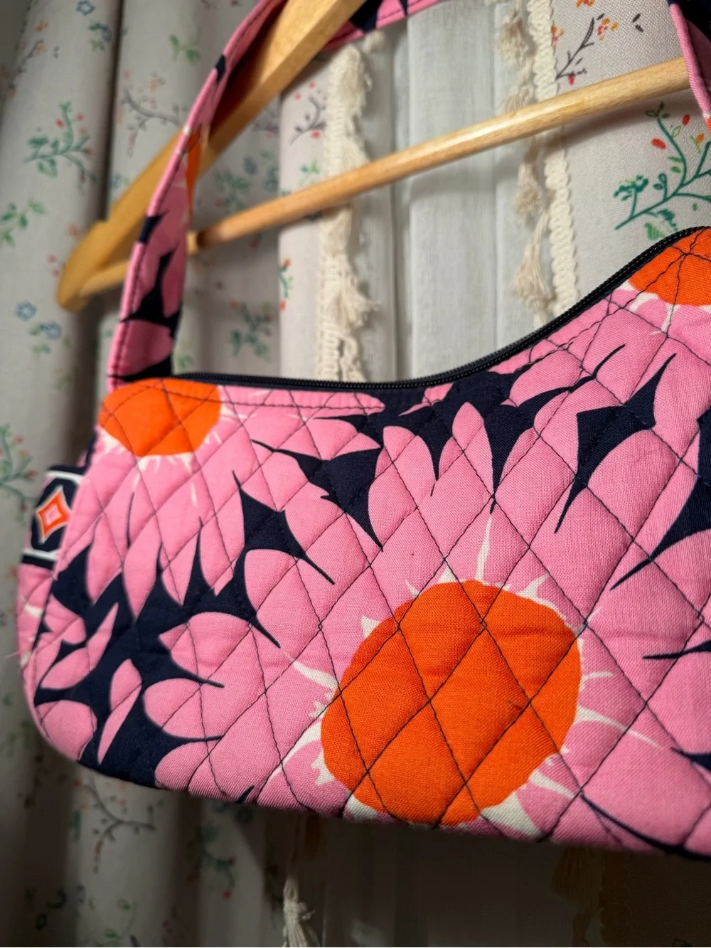 Vera Bradley Quilted Pink Floral Shoulder Bag with Orange Accents